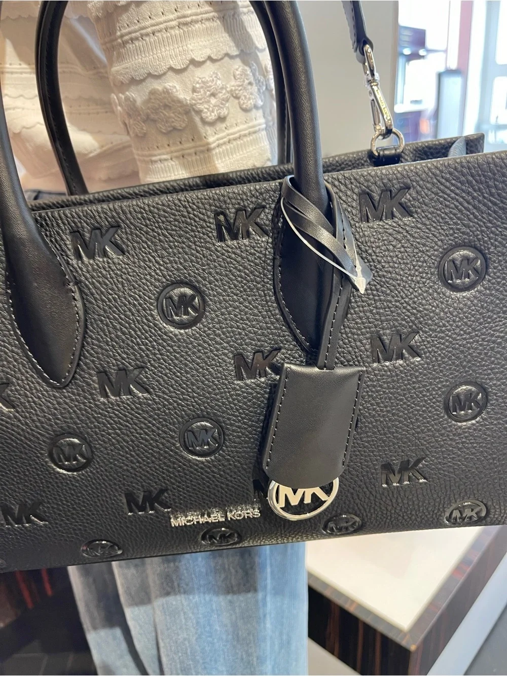 Michael Kors Mirella Md Logo Debossed EW Top Zip Satchel Shoulder Tote Black NWT